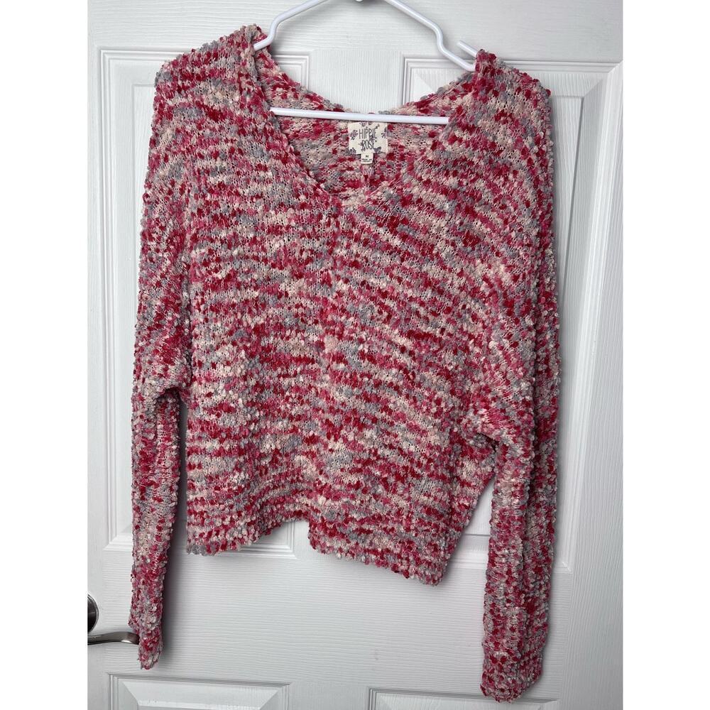 Hippie Rose V-Neck Popcorn Knit Oversized Crop Pink Gray Sweater Size M
